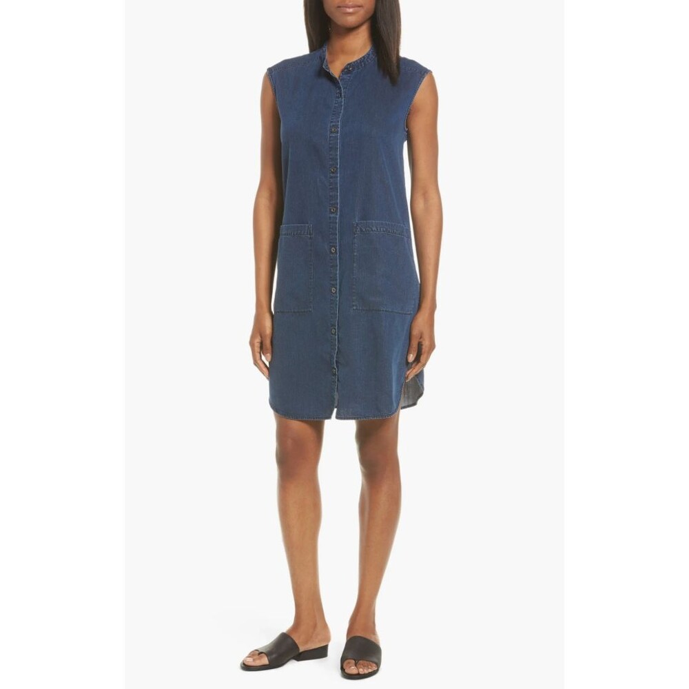 Eileen Fisher Lightweight Denim Shirtdress Petite SP Sleeveless Pockets Casual